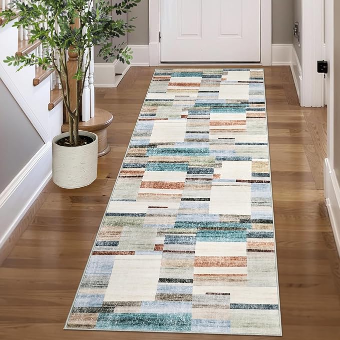 Washable Runner 2x6 Non Slip Kitchen Rugs Modern Geometric Hallway Rug Indoor Entryway Rug Farmhouse Soft Bath Mat Stain Resistant Carpet for Bedroom Laundry 2'x6' Multi