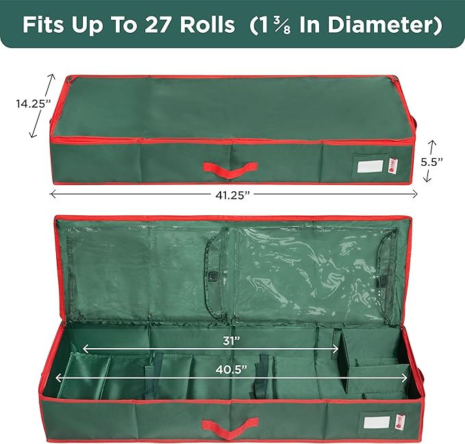 HOLDN’ STORAGE Premium Wrapping Paper Storage Container - Durable 600D Tear-Proof, Fits 27 Rolls Gift Wrap, Extra Pockets for Ribbons & Bows, Underbed Storage - Ideal for Holiday Christmas, Green