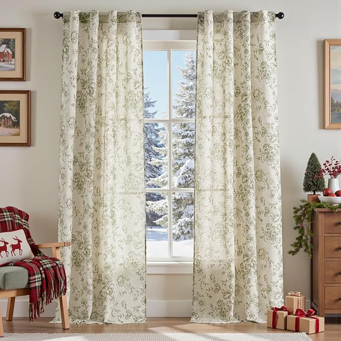 jinchan Linen Floral Curtains 96 Inch Length for Living Room Bedroom Light Filtering Farmhouse Peony Flower Drapes Rustic Window Curtain Set Rod Pocket Back Tab 2 Panels Green