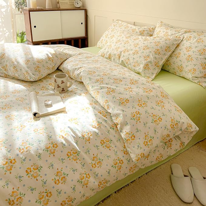 EAVD Chic Shabby Small Yellow Floral Duvet Cover Queen Soft 100% Cotton Garden Floral Bedding Set with 2 Pillowcases Reversible Floral Cottagecore Bedding Set with Zipper Closure