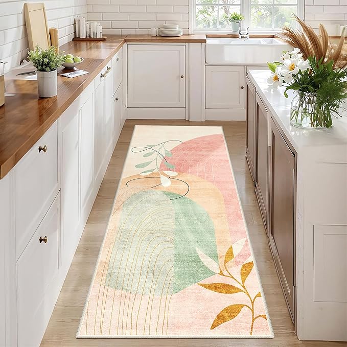 MUJOO Washable 2x6 Runner Rugs for Kitchen Hallway Bedside Bathroom Laundry Room Bedroom Floor,Boho Long Area Rug Non Slip Carpet Throw Rug Mid Century Modern Abstract Botanical Geometric Pink