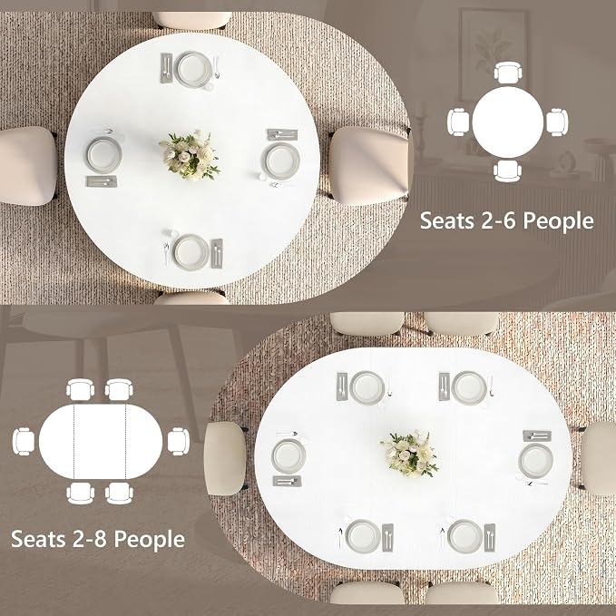 Einhomn 43-59" Extendable Round Dining Table, Kitchen Table for 4-8, Farmhouse Circle Dining Room Table with Removable Leaves, Hidden Storage, Space Saving Wood Kitchen & Dining Room Furniture, White