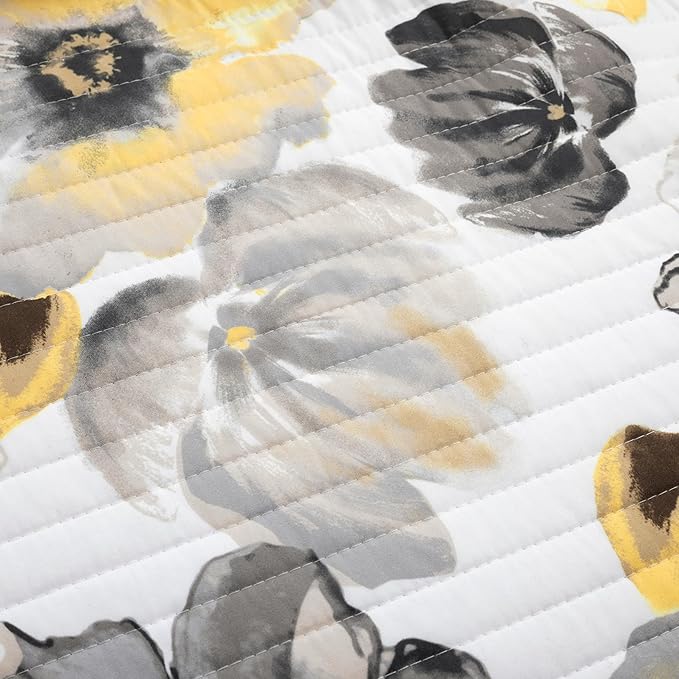 Lush Decor Leah Reversible Floral Quilt Set, 8 Piece Set, Full/ Queen, Yellow & Gray - Charming Floral Bedding Set With Pillow Cases, Decorative Throw Pillows & Bed Skirt- Large Watercolor Flowers