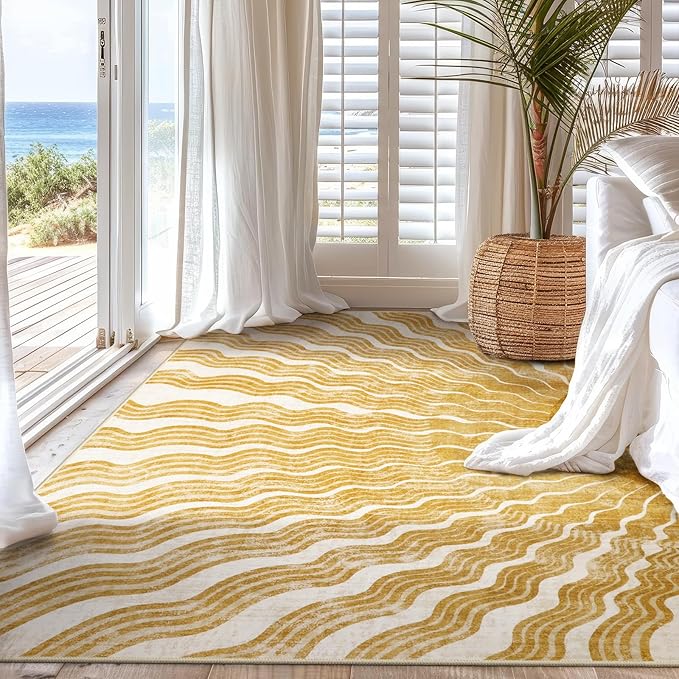 Hedlive Boho Washable Rugs 5x7, Sun Print Soft Nursery Rug for Bedroom Classroom, Ultra-Thin Non Slip Stain Resistant Kids Carpet for Living Room Office(5'x 7',Gold/Multi)