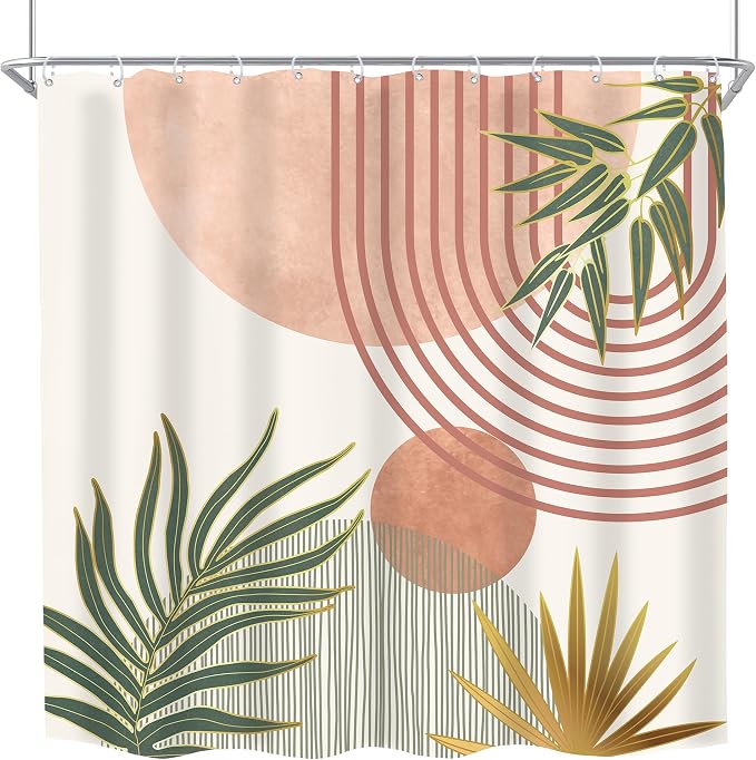 KOMLLEX Mid Century Pink Green Boho Shower Curtain 72Wx72L Inches Abstract Modern Shower Curtains for Bathroom Orange Gold Botanical Minimalist Arch Sun Fabric Liner Waterproof Polyester 12 Pack Hooks