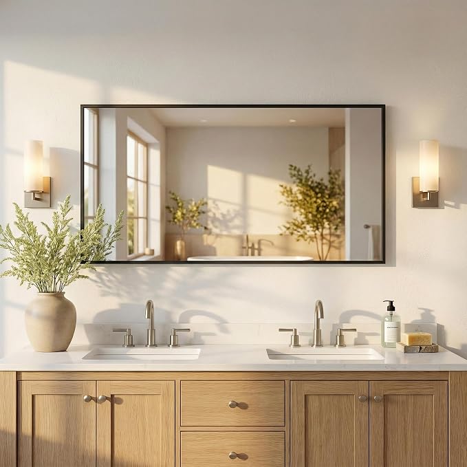 55"x30" Black Landscape Bathroom Mirror for Double Vanity, Shatterproof Tempered Glass, Narrow Metal Frame, Ultra-Flush Wall-Mounted