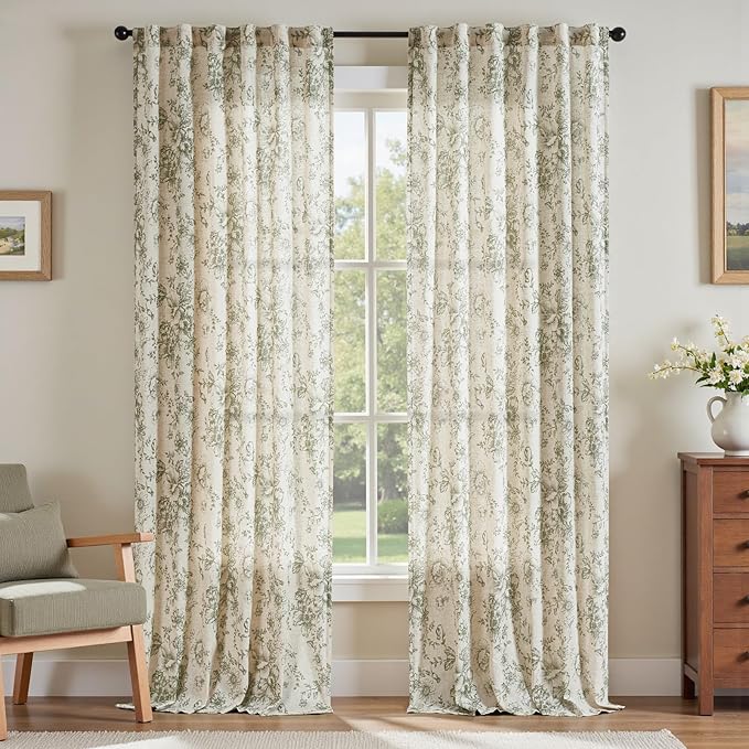 jinachan Linen Blend Floral Curtains for Living Room 108 Inch Length Christmas Sage Green Printed Curtain Rod Pocket Back Tab Farmhouse Peony Flower Patterned Drapes Bedroom Curtains Set 2 Panels