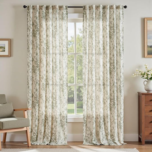 jinachan Linen Blend Floral Curtains for Living Room 108 Inch Length Christmas Sage Green Printed Curtain Rod Pocket Back Tab Farmhouse Peony Flower Patterned Drapes Bedroom Curtains Set 2 Panels