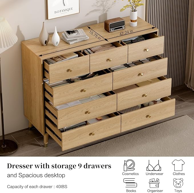9 Drawer Dresser,47" Wide Mid Century Modern Chest of Drawers,Wooden Bedroom Drawer Dresser with 9 Storage Drawers for Bedroom, Living Room,with Anti-Tipping Device,Yellow