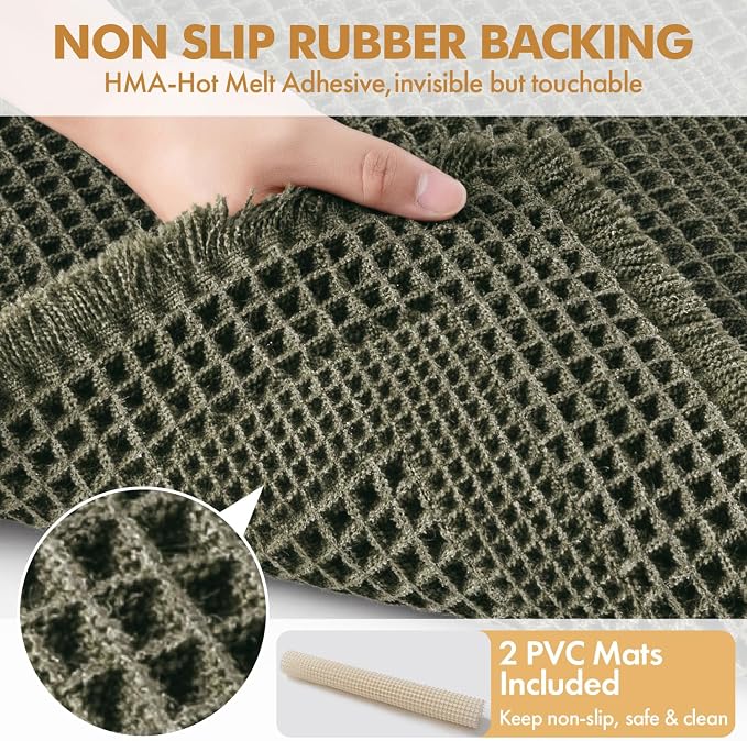 MIULEE Set of 2 Waffle Bathroom Rugs, Boho Bath Rug Super Absorbent, Non Slip Washable Ultra Soft Rubber Backed Shower Bath Mats for Floor, Tub, Shower, Looped Design, Green, 17x24 Inch