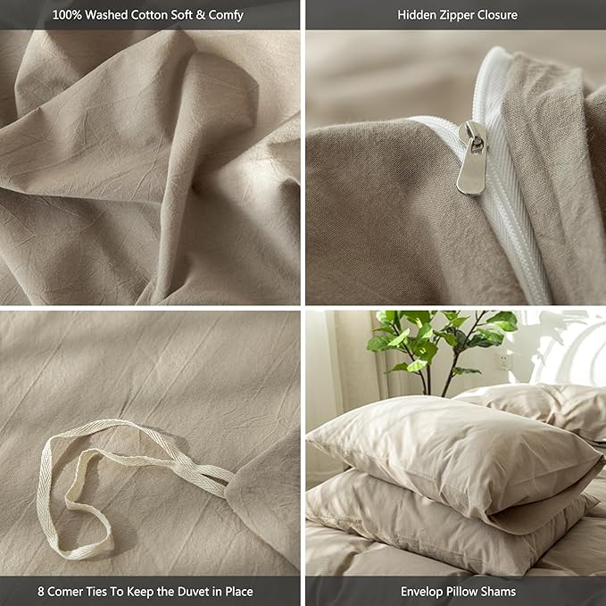 MooMee Bedding Duvet Cover Set 100% Washed Cotton Linen Like Textured Breathable Durable Soft Comfy (Solid Mocha Brown, Oversized King Plus 128"x120")