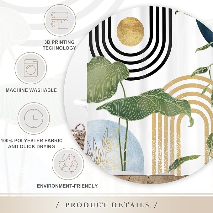 Glawry Navy Blue Boho Shower Curtain Mid Century Abstract Light Blue Tropical Palm Botany Sun Arch Plant Minimalist Bathroom Modern 72Wx72L Inches Bath Accessories Art Home Decor Fabric 12 Pack Hook