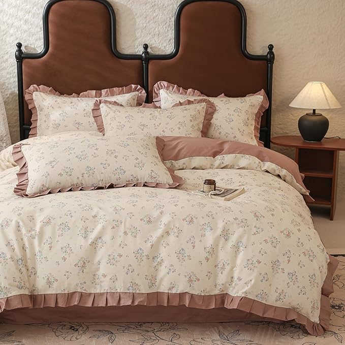 Rose Flower Duvet Cover Twin Girls Romantic Floral Bedding Set with Dusty Pink Ruffles 100% Cotton Floral Comforter Cover 1 Twin Duvet Cover with 2 Pillowcases Botanical Flower Ruffle Bedding Set