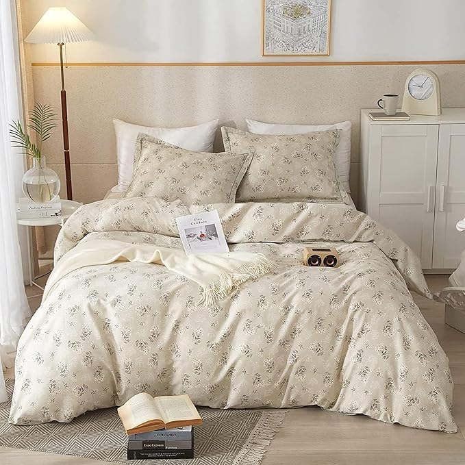 Beige Comforter Set Queen Garden Flower Comforter with 2 Pillow Shams Aesthetic Botanical Bedding Set Boho Floral Comforter Set 90x90 Inch
