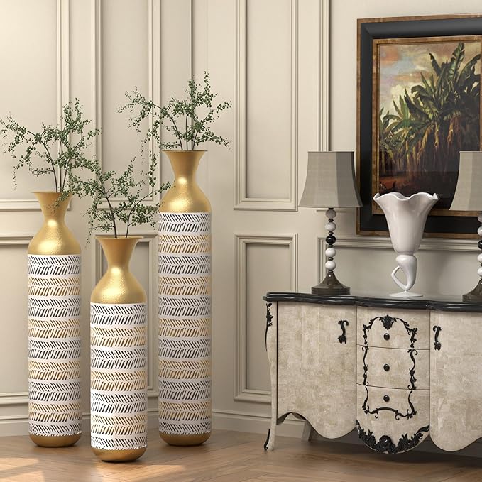 Tall Floor Vase Set of 3 - Large Vintage Modern Oversized Metal Vases for Decor Living Room, Gold Decorative for Corner Hallway