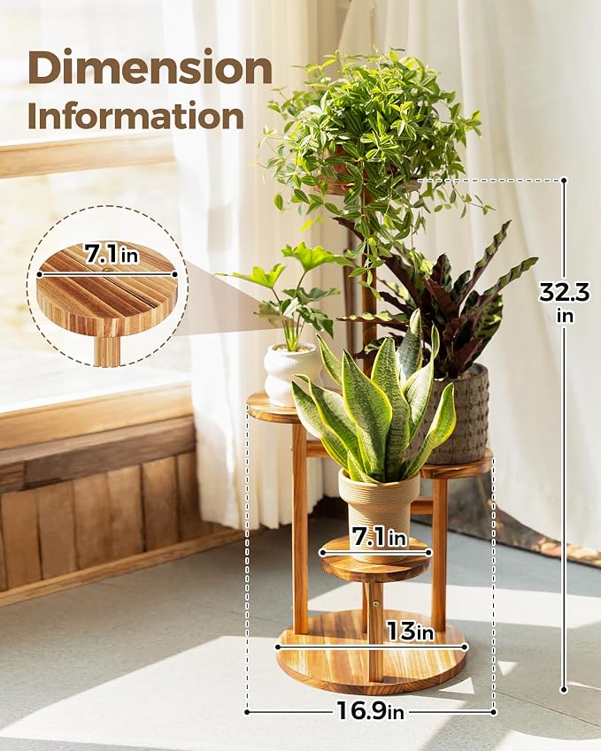 Bamworld Plant Stand Indoor Plant Shelf 4 Tier Wood Plant Stand for Multiple Plants, Tall Corner Plant Stands for Outdoor Round Flower Stand Plant Holder for Living Room Patio Garden Balcony