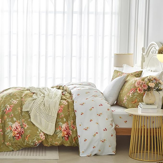 mixinni Duvet Cover Full Size, Long Staple Cotton Reversible Green Floral Duvet Cover Set with Zipper Ties, 3 Pieces Botanical Pink Flowers and Green Branches Patterns Bedding Set