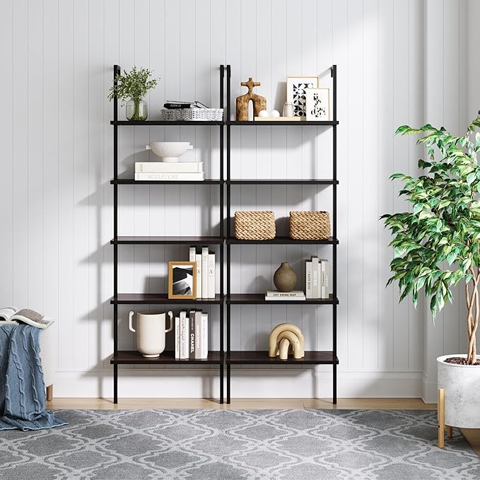 Nathan James Theo 5-Shelf Wood Modern Bookcase, Open Wall Mount Ladder Bookshelf with Industrial Metal Frame, Walnut Brown/Black, Set of 2