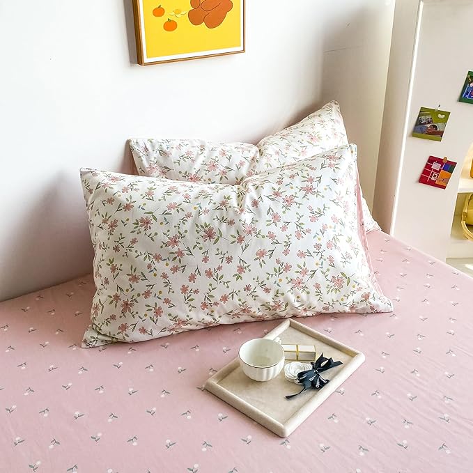 HighBuy Soft Cotton Floral Duvet Cover Twin XL White with Pink Floral Print,Garden Style Botanical Coquette Bedding Comforter Cover Bedding Set,Cottagecore 1 Twin XL Duvet Cover,2 Pillowcases