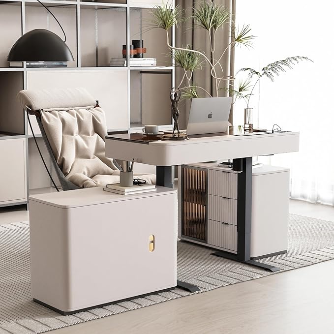 Lartis Office Desk, Electric Standing Desk with Built-in Outlets, Tempered Glass Top Modern Office Computer Desk with 2 Side cabinets (Ivory White, 50)