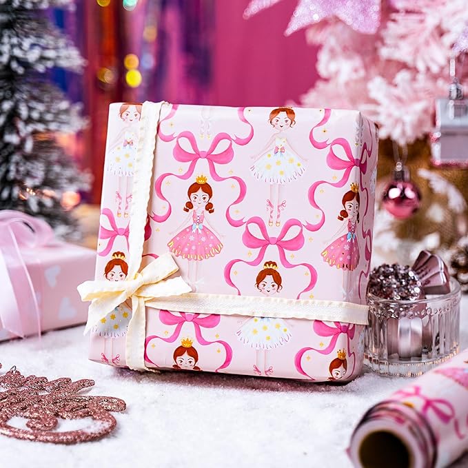 Homeral Pink Ballerina Christmas Wrapping Paper Roll - Ballet Princess with Bowknots and Snowflakes & Heart Pattern Reversible Gift Wrap for Christmas, Girls Birthday - Mini Roll - 17 Inch x 33 Feet