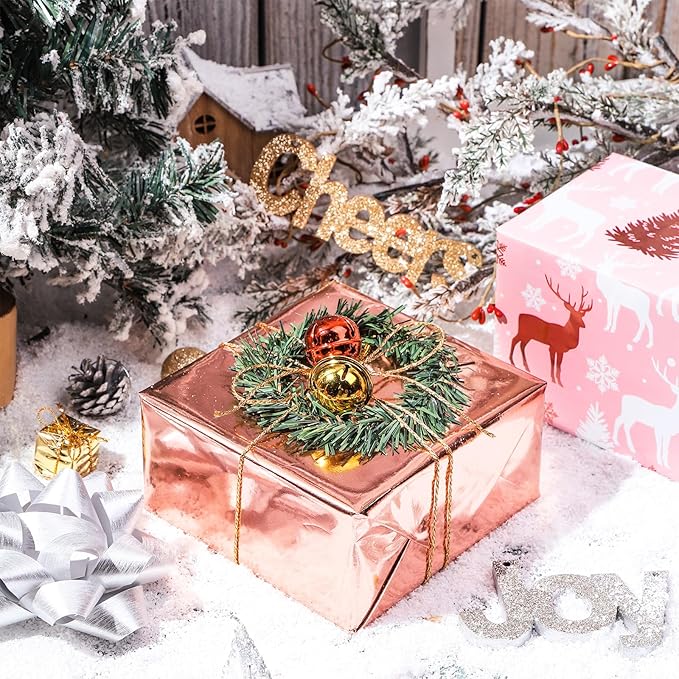 LeZakaa Rose Gold Christmas Wrapping Paper Mini Roll, Glitter Foil Matte and Reindeer Snowflake Design Holiday Gift Wrap, Arts Craft, for Xmas Winter Party, 17 x 120 inches, 3 Rolls