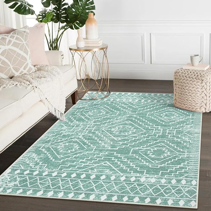 Wonnitar Moroccan Area Rugs 4x6, Sage Green Boho Rug for Bedroom, Washable Ultra-Thin Living Room Throw Mat, Farmhouse Geometric Soft Print Carpet for Nursery Bathroom Kitchen (Mint Green,4'x6')