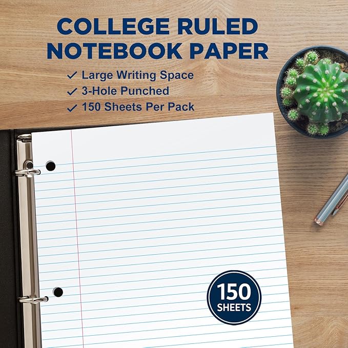 Woodlake Loose Leaf Paper, College Ruled Notebook Paper, 8 x 10.5”, 150 Sheets per Pack, 3 Pack Bulk Lined Filler Paper, 3 Hole Punched, 60gsm, Made in USA