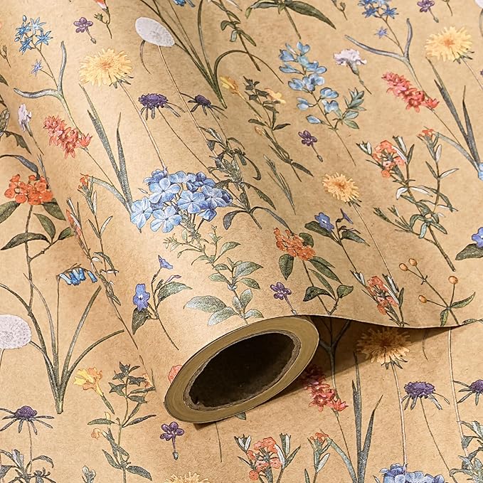 WRAPAHOLIC 30 Inch Kraft Floral Wrapping Paper Roll - 30 Inch x 33 Feet - Wildflower Wrapping Paper Perfect for Girls Women Birthday, Wedding, Bridal Shower
