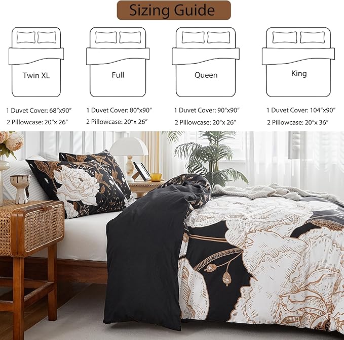 mixinni Black Floral Duvet Cover Twin XL Size, 3 Pieces Garden Style Botanical Flowers Leaves Bedding Set, Soft Cotton Reversible Farmhouse Boho Duvet Cover and 2 Pillowcases for All Season