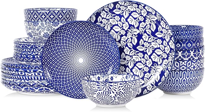 Selamica Ceramic Plates and Bowls Sets,24 Pieces Dinnerware Sets for 8,Scratch Resistant Dish Set for family gathering,Dishwasher & Microwave Safe, Vintage Blue