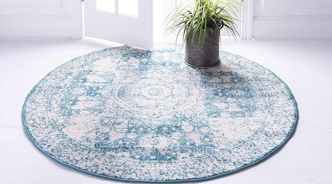 Unique Loom Bromley Collection Area Rug - Wells (5' 1" Round, Turquoise/ Ivory)