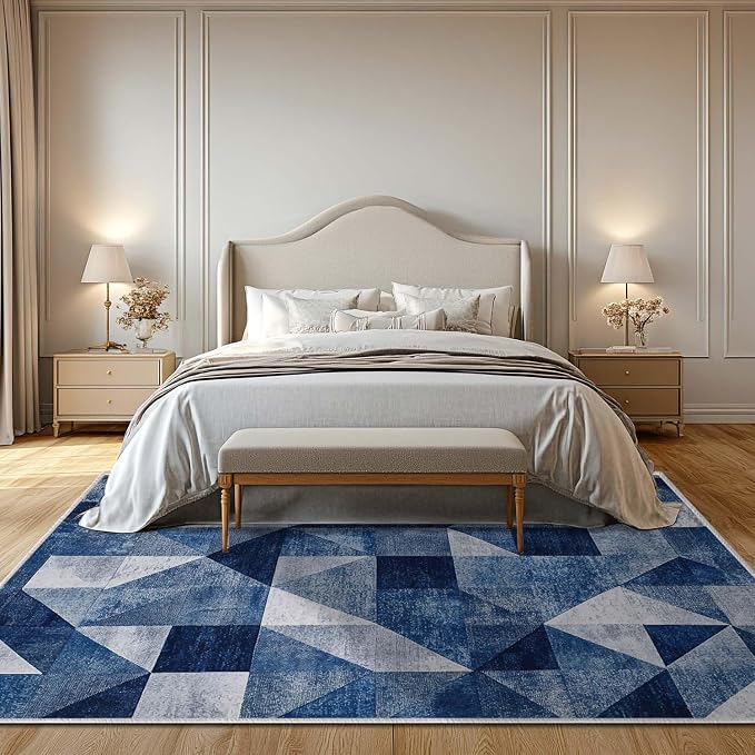 5x7 Navy Blue Area Rug Modern Geometric Blue White Beige Bedroom Rug Soft Low Pile Thin Large Carpet Living Room Non Slip Dining Room Stain Resistant Office Washable Machine