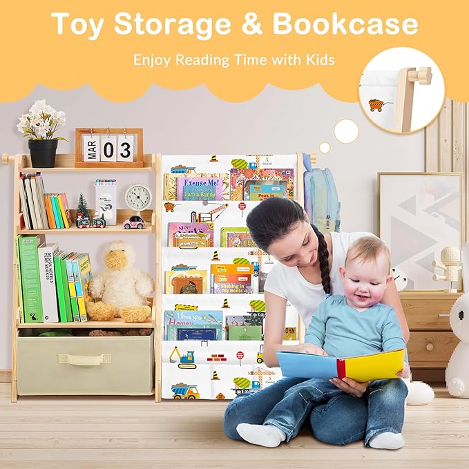 Kids Bookshelf and Toy Storage Organizer 2 in 1 Toddler Bookcase-4 Tier Book Shelf with Toy Box for Kids Room,Nursery,Playroom