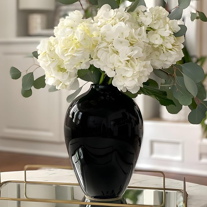 Willowy 10 Inch Glossy Porcelain Vase - Large Black Ceramic Vase, Black Vases for Centerpieces, for Home Decor, Tall Vase for Flowers, Modern Vases for Flowers