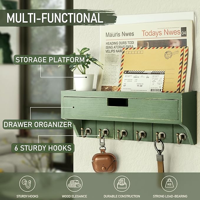 Rebee Vision Pine Wood Key Holder Wall Mount with Drawer Organizer for Home Decor – Mail Organizer with 6 Key Hooks & Storage Shelf – Apartment Essentials for Entryway, Living Room (Green)