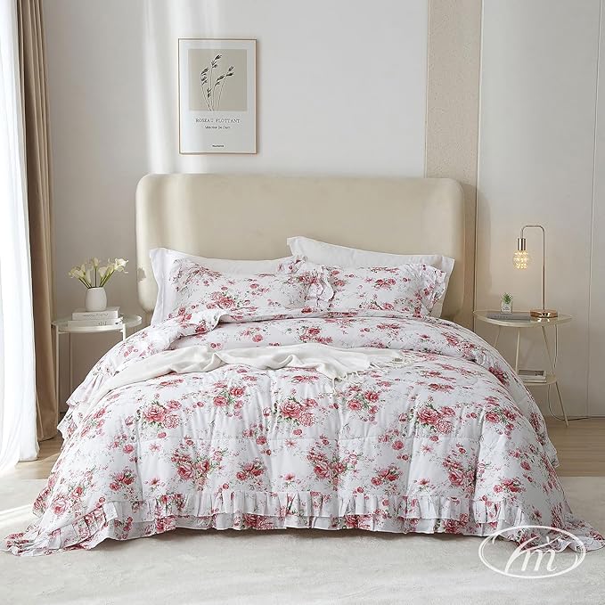VM VOUGEMARKET Ruffle Comforter Set Twin XL Red Rose Flower Comforter Romantic Floral Bedding Set Soft Microfiber Botanical Bedding Comforter Set 1 Flower Ruffled Comforter with 2 Pillowcases