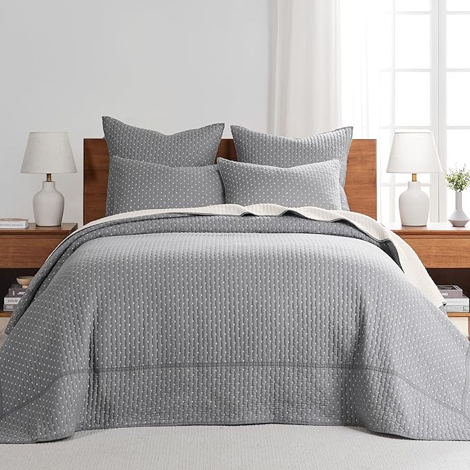 Levtex Home Cross Stitch Reversible Full Bedspread Set (100x104in) with 2 Pillow Shams (26x20in) - Stitch Texture - Grey and White - Cotton Full Size Bedspread Set - Lightweight, Soft, Pre-Washed