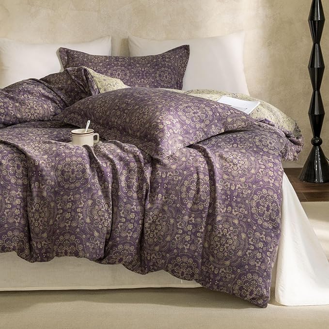 Purple Green Floral Duvet Cover Twin XL Premium Yarn-Dyed Linen Cotton Comforter Cover Boho Jacquard Design Bedding Set Botanical Floral Vintage Duvet Cover Reversible Green Flower Bedding Set Twin XL