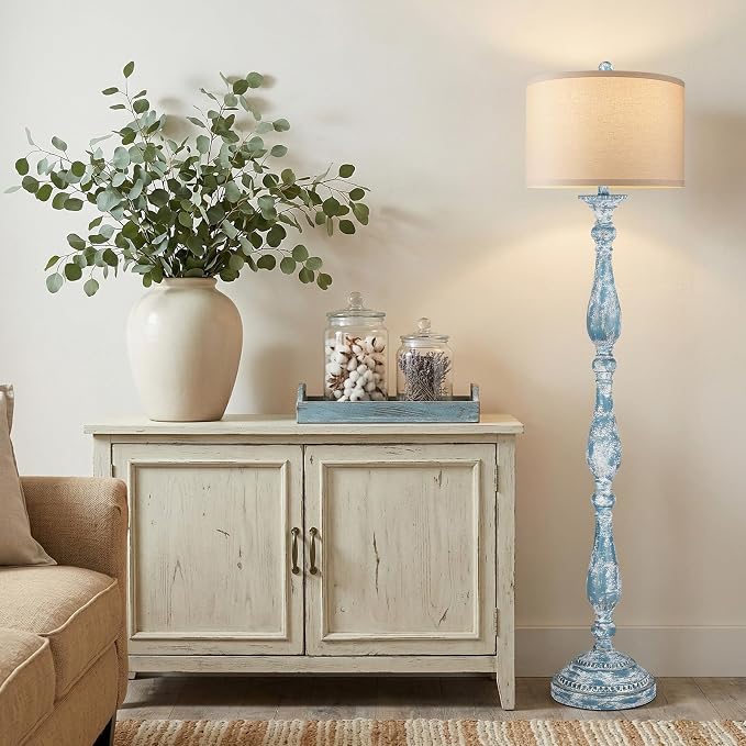 PARTPHONER Vintage Floor Lamp for Living Room, Rustic Farmhouse Standing Lamp with Rotary Switch and Linen Shade, Retro Resin Floor Lamp for Bedroom, Corner, Dining Room, House Decor, Wash Blue