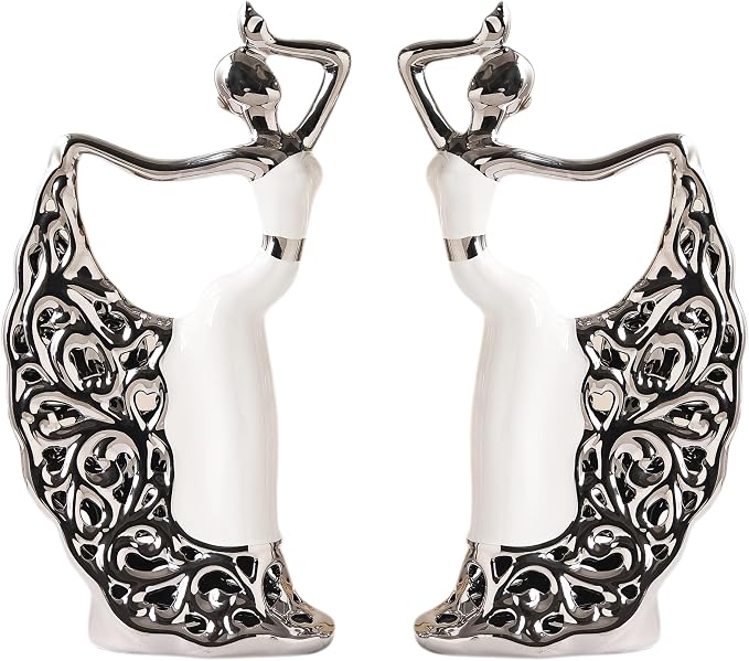 2 Pcs Ceramic Statues Home Decor, Dancer Women Sculpture Figurine, Modern Aesthetic Abstract Art Decorative Accent for Living Room Bedroom Bookshelf Dining Table Centerpiece Office (White and Silver)