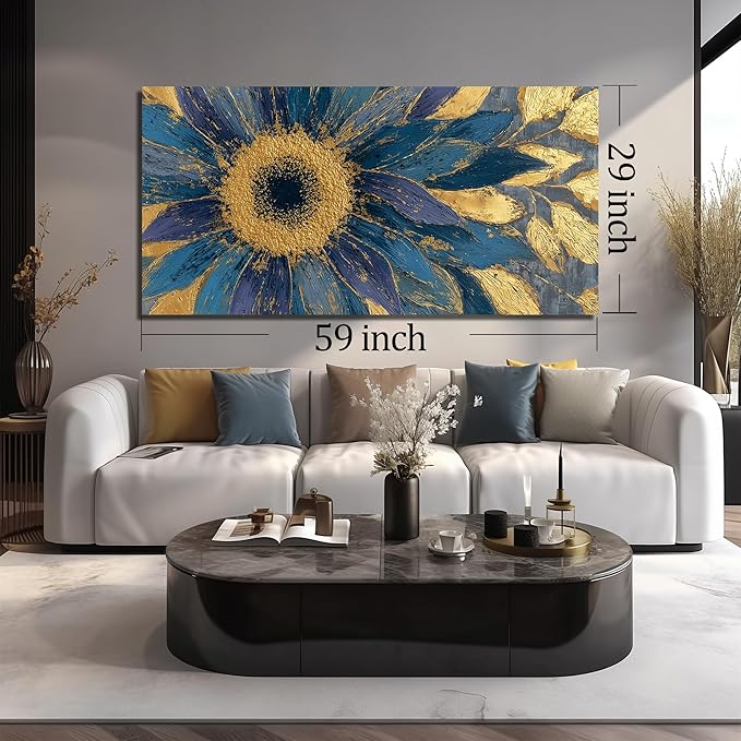JuhaiArt Blue Wall Art Bedroom Large Gold Flower Canvas Wall Decor Floral Picture Art for Living Room Office 29" x 59" Sunflower Abstract Artwork