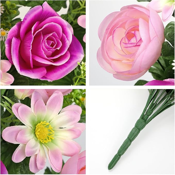 Hollyone Set of 2 Artificial Cemetery Flowers for Grave Memorial Flowers for Cemetery Outdoor Grave Decorations Silk Flower Arrangements Purple Rose Pink Ranunculus Gerbera Floral Flowers Bouquets