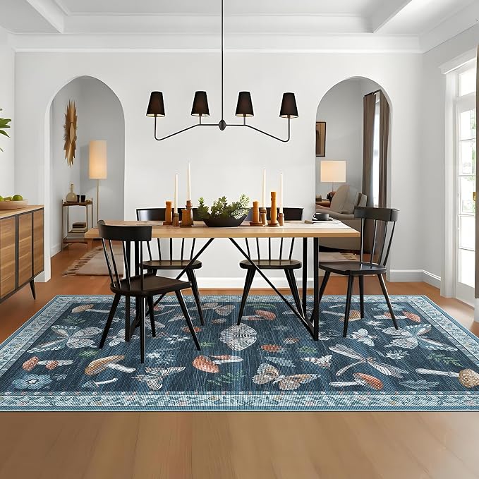 Washable 9x12 Area Rugs Living Room Large Rug Boho Vintage Floral Carpet Soft Bedroom Indoor Floor Mats Non-Slip Farmhouse Rustic Style Carpet for Nursery Dining Room Home Decor Office, Blue
