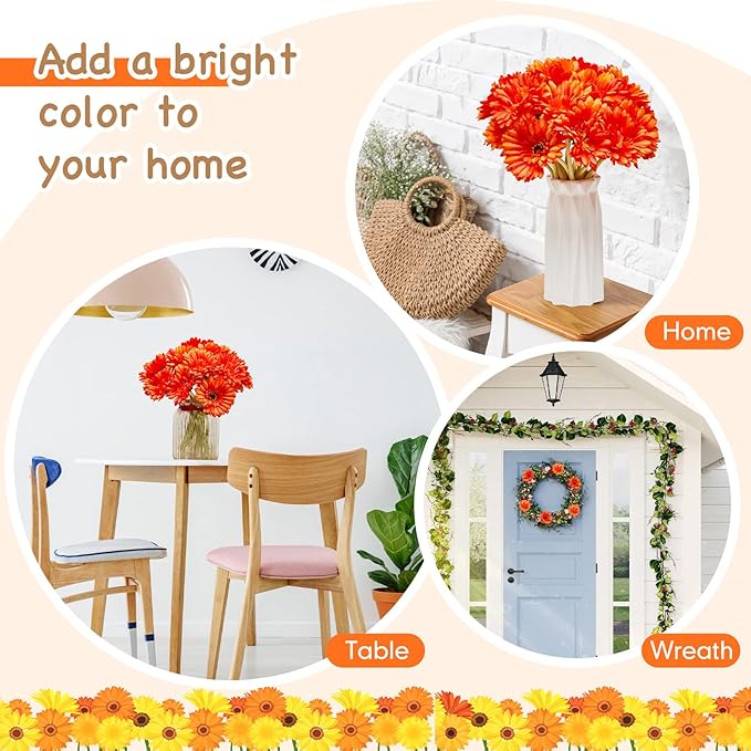 20 Pcs Orange Gerbera Daisy Faux Artificial Daisies Flower Bouquet Fake African Daisy Flower for Wedding Bridal Bouquet Party Home Kitchen Table Centerpiece (Orange)