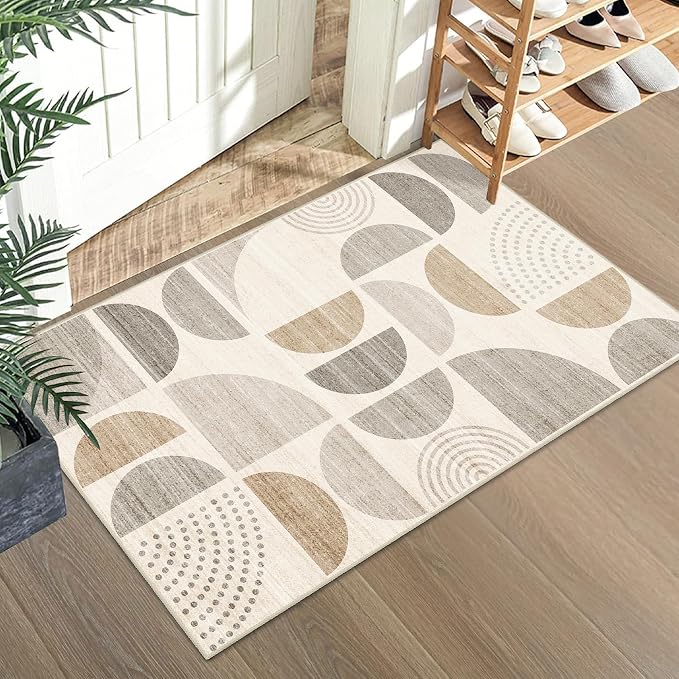 MUJOO Boho Small Rug Washable,2x3 Area Rugs for Entryway Bathroom Entry Entrance Kitchen,Front Door Mat Soft Throw Carpet Non Slip Indoor Modern Abstract Bohemian Neutral Beige