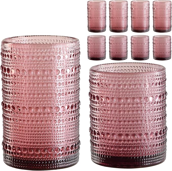 ZMOWIPDL Vintage Hobnail Drinking Glasses Set of 8,Purple 12 oz & 15oz Highball Glass Cups, Kitchen Drinkware Glassware,Embossed Water Tumbler,for Beer,Cocktail,Whiskey,Juice and Various Mixed Drinks