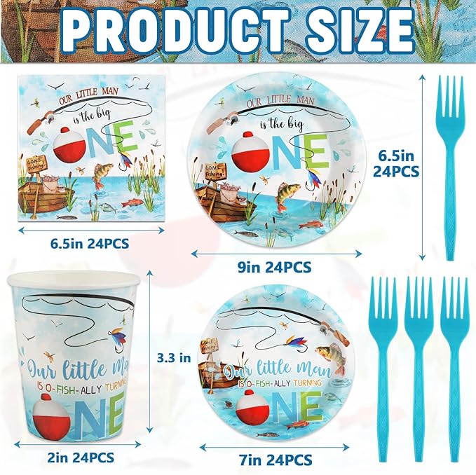 120 PCS Ofishally One Birthday Party Decorations, Ofishally One Paper Plates, Napkins Cups and Forks Tableware Set, Fishing Party Decor Supplies for 1st Fish Birthday Christmas Parties, Serves 24
