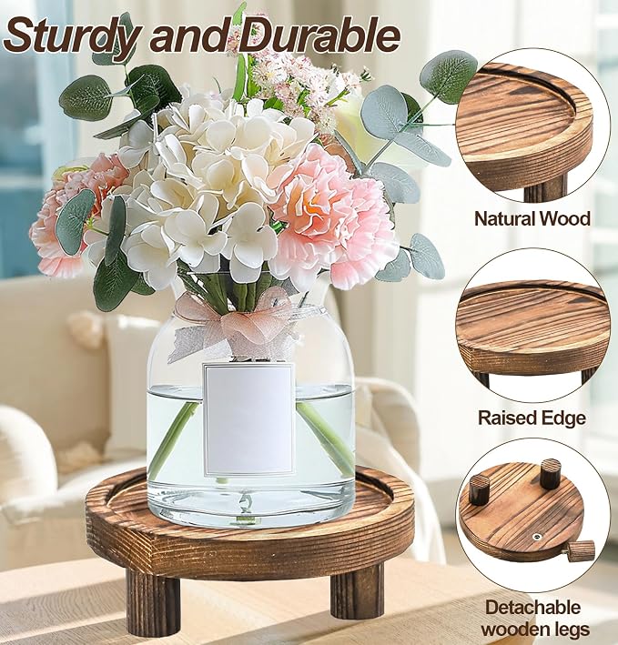 3 PCS Wooden Flower Plant Stand Indoor For Home Living Room Decor, Wood Plant Display Tray For Outdoor Planter Gardening Essentials, Wooden Food or Drinks Holders Tray Indoor. (Rustic Brown)