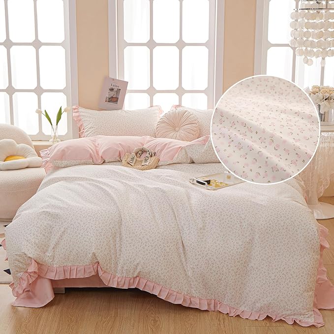 Reversible Ruffle Comforter Set King Vintage Botanical Floral Comforter Set White Coquette Bedding Cottagecore Pink Flower Comforter with 2 Pillowcases Floral Boho Bedding Comforter for King Bed